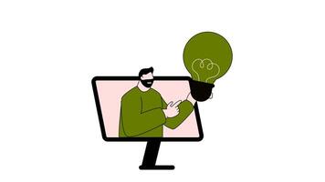 2d animation Man man with idea lamp in laptop or pc as concept of way of thinking. Alpha Channel or transparent background video