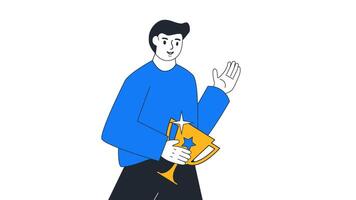 Trhopies 2d animation man best employee of the month with best rating performance illustration isolated business. Alpha Channel or transparent background video