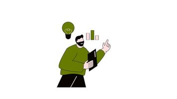 2d animation man idea thinking brainstorming and growth bar chart with lightbulb or lamp. transparency background, video