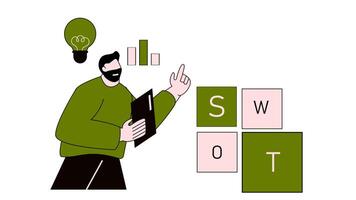 2d animation SWOT analysis concept, businessman strategy analyzing with chart and lightbulb idea thinking. Alpha Channel Or transparent background. video
