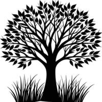 Serene Tree Silhouette against a Grassy Meadow with a Pristine White Background vector