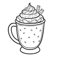 Festive and Cozy Coloring Page of a Steaming Cup of Hot Cocoa with Marshmallows and Candy Canes vector