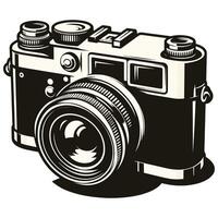 An old camera is shown in black and white vector
