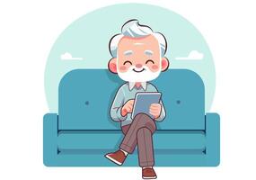 Uncle sits on the sofa playing with a tablet. vector