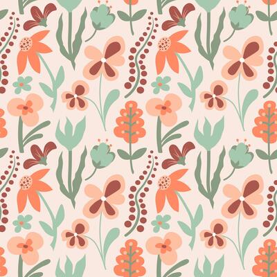 Seamless abstract floral pattern in retro doodle style. Hand-drawn flowers and leaves in warm peach, terracotta, and sage green tones. Perfect for fabric, packaging, stationery, wallpapers.