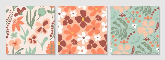 Set of seamless abstract floral patterns in retro doodle style. Hand-drawn flowers and leaves in soft earthy tones of peach, green, and beige for fabric, wrapping paper, wallpapers, and surface design vector