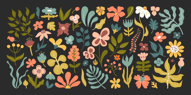 Hand-drawn set of abstract botanical flowers and leaves in earthy retro color palette. Floral doodle clipart for stickers, fabric prints, posters, greeting cards, scrapbooking and digital design.