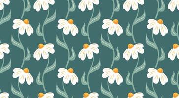 Seamless abstract floral pattern with hand-drawn white daisies and green leaves on teal background. Retro botanical style for fabric, wrapping paper, wallpapers, packaging and digital design. vector