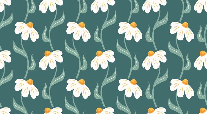Seamless abstract floral pattern with hand-drawn white daisies and green leaves on teal background. Retro botanical style for fabric, wrapping paper, wallpapers, packaging and digital design.