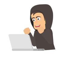 Excited hacker in hoodie celebrates success. Hacker vector