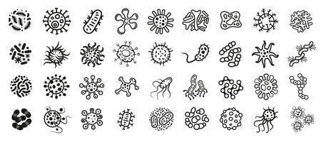 Bacteria and Virus Line Icons Set. Microorganisms, Germs, Infection Outline Doodle set vector