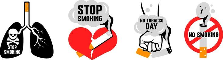 Do not smoke Logo. Set of Concept Images with Text, Cigarette, Lungs, Hearts, Death Elements vector