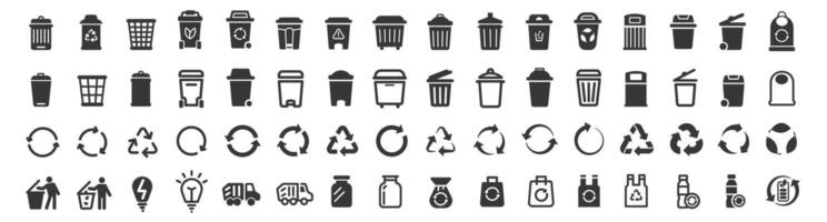 Trash Bin and Recycling Icons Set. Zero Waste and Garbage Disposal Line Symbols vector