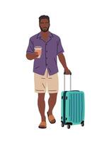 Man in casual summer clothes walking with suitcase vector