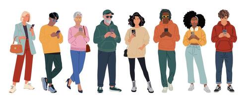 Set of different people using gadgets isolated vector