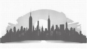 A city skyline in black and white with a sun in the background vector