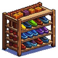 Pixel Art Sneaker Display Colorful Shoe Rack in Retro Style vector