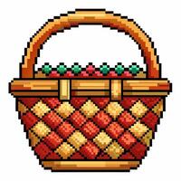 Pixel Art Picnic Basket with Colorful Fruit Retro Game Style vector