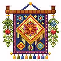 Colorful Pixel Art Tapestry with Floral and Geometric Patterns vector