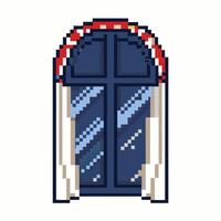 Retro Pixel Art Arched Window with Curtains in Classic Style vector