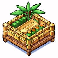 Isometric Bamboo Garden with Palm Tree in Pixel Art Style vector