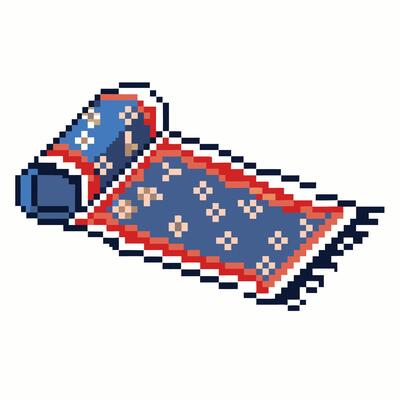 Retro Pixel Art Carpet with Floral Pattern in Blue and Red