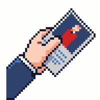 Retro Pixel Art Hand Holding Smartphone with Photo Display vector