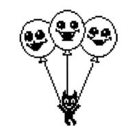 pixel art cat floating with smiling balloons nostalgic retro design, playful minimalistic illustration vector