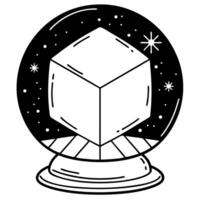 Geometric cube in snow globe, celestial theme, black and white illustration vector