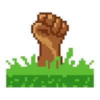 Pixelated raised fist on grass, symbol of strength and unity in digital art form vector