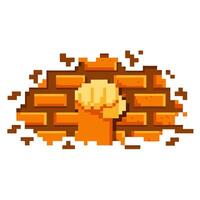 Pixelated fist punching brick wall retro game style, breaking obstacles vector