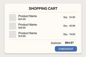 Online shopping cart interface with product list and checkout button vector