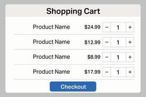 Online shopping cart interface with product list, prices, and checkout vector