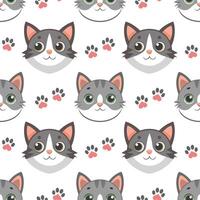Seamless pattern, cute cat faces with paw prints. Kittens seamless pattern. Cute background for kids. vector