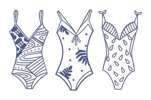 Set of hand drawn swimsuits with blue pattern for summer and beach holidays. Sketch. vector