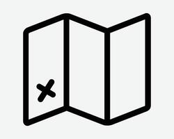 Folding Folded Map With Landmark Location X Point Position Navigation Direction Adventure Exploration Explore Paper Route Journey Black Outline vector