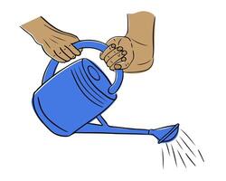 Two hands holding and pouring water from a blue watering can on white background. Represents teamwork, nurturing, care and environmental awareness in a hand drawn style vector