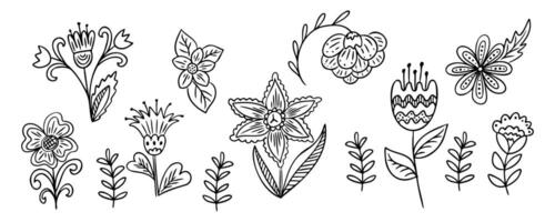 Collection of decorative floral doodles with whimsical flowers and leaves in black outline on white background. Illustrates fantasy botanical elements for design, nature themes in hand drawn style vector