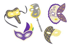 Set of colorful decorative carnival masks with feathers, swirls and ribbons on white background. Represents celebration, mystery and masquerade themes in a hand drawn illustration vector