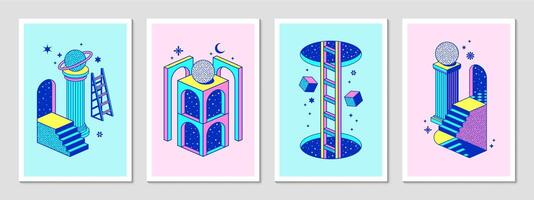 Psychedelic y2k posters with surreal stairs vector