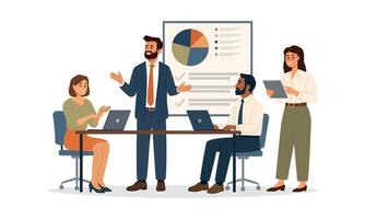 Business Presentation or Discussion. A group of diverse people leading a presentation at a table near a board with pie chart. Cartoon illustration in a flat style. Isolated on background vector