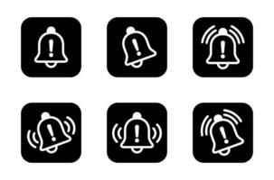 Warning notification bell outline icon set collection on black square. Danger alarm sign symbol vector