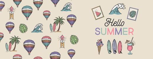 Hello Summer, pattern with air balloon, surfboard and wave, hand drawn illustration vector