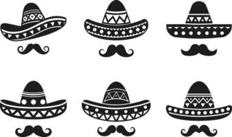 A Set of Mexican Sombrero and Mustache Silhouettes - Traditional Fiesta Icons vector