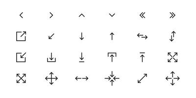 outline web arrows icons such as up arrow, left arrow, shuffle, right arrow, distribute spacing vertical, bottom left, top left, up down thin line icons for web design, mobile app. vector