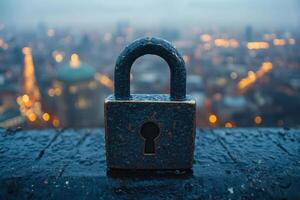 Digital Padlock Over a Cityscape Symbolizing Security and Protection in Urban Life photo