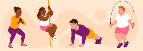 Diverse group of people doing fitness exercises including rope climbing, squats, push-ups, jump rope vector