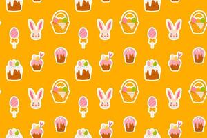 Seamless pattern with Easter-themed icons including bunny faces, baskets, cakes, cupcakes, and lollipops on orange background vector