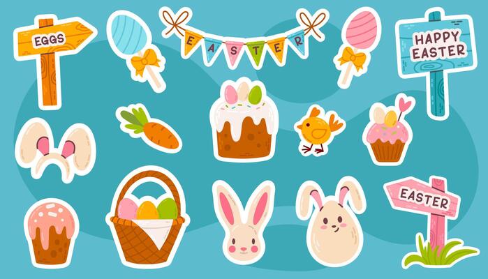 Colorful Easter stickers set in cartoon style. Includes bunny ears, eggs, cakes, carrot, basket, birds, and holiday signs. Perfect for spring and Easter-themed designs.