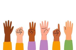 Diverse human hands raised with different finger gestures and skin tones showing inclusivity vector